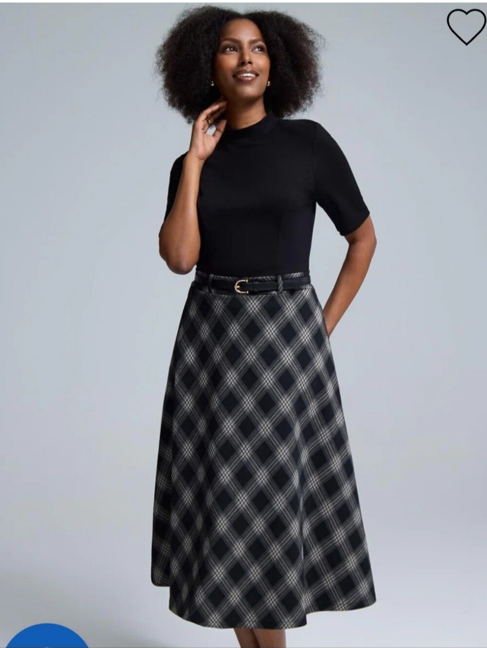 Black and Gray Plaid A-Line Skirt with Belt